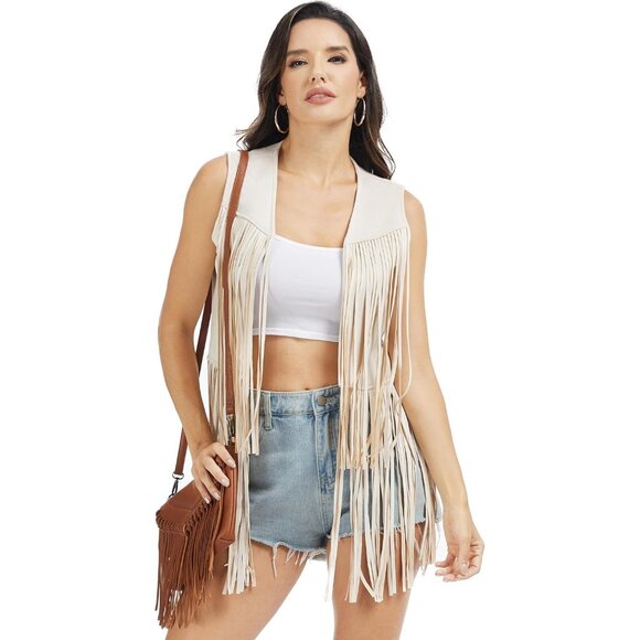 Women Apricot Faux Suede Western Sleeveless 70s Cowgirl Hippie Outfits - Picture 2 of 6